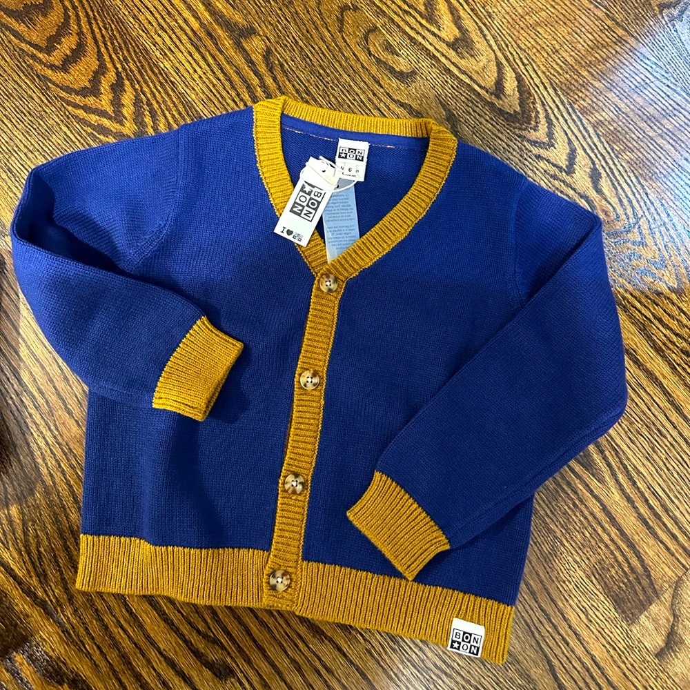 Bonton, blue contrast trim knit cardigan, size 6
